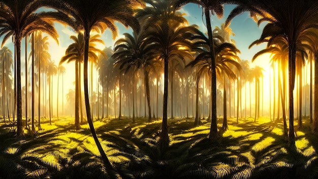 Panorama del bosque de palmeras al atardecer los rayos del sol a través de los árboles fantasía bosque niebla palmera selva ilustración 3D