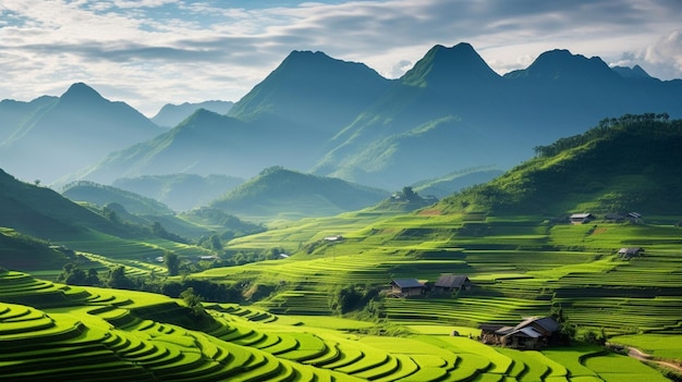 Panorama Campo de arroz verde con fondo de montaña IA generativa