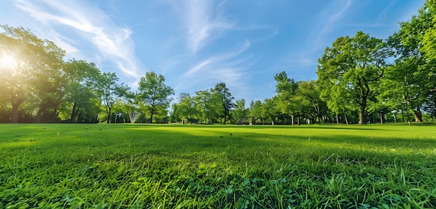 Panorama de campo de hierba verde con cielo azul y fondo de nubes blancas