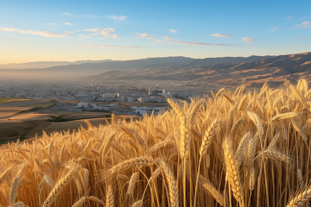 Panorama de un campo de trigo dorado en un paisaje rural durante la temporada de cosecha