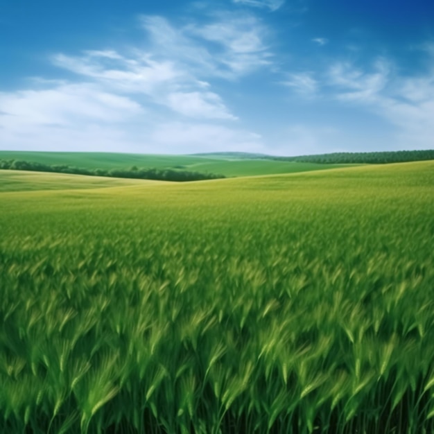 Panorama del campo de trigo verde con cielo azul y sol en segundo plano.