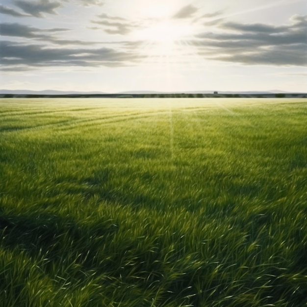 Panorama del campo de trigo verde con cielo azul y sol en segundo plano.