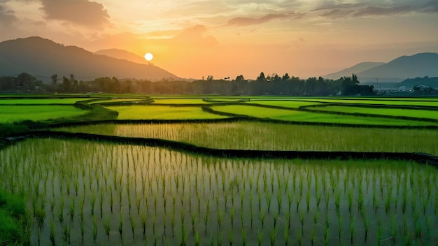 Panorama de los campos de arroz en la luz de la mañana