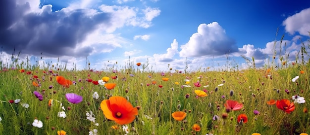 Panorama de los campos de prados de primavera con flores florecientes en verano bajo el cielo azul