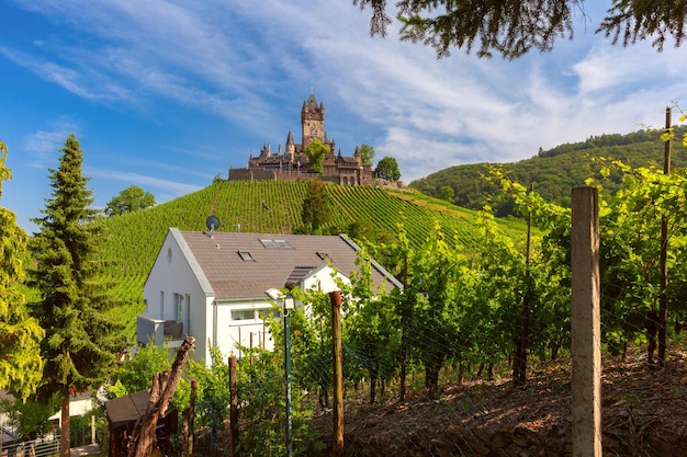 Panorama del castillo de Reichsburg y el viñedo en Cochem hermosa ciudad en el río Mosela Alemania