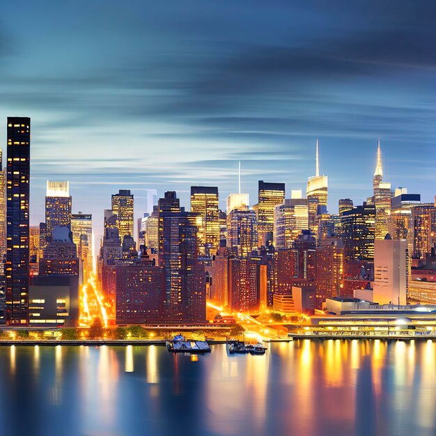 Panorama del centro de manhattan de la ciudad de nueva york al atardecer con rascacielos iluminados sobre el río este