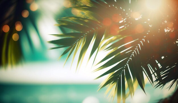 Panorama de cielo azul borroso y hojas de palmera de coco en playa blanca