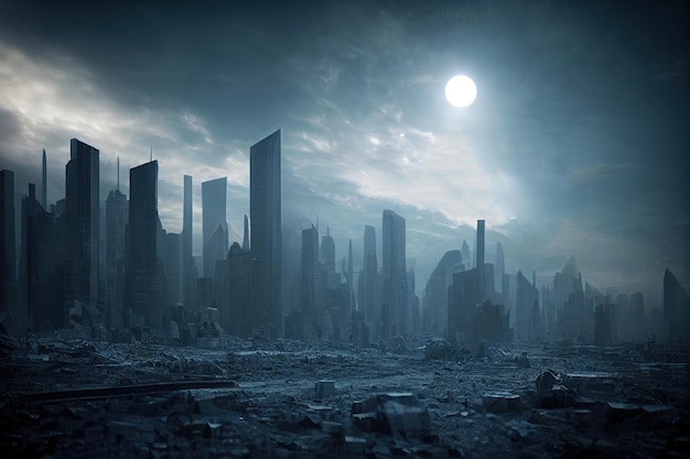 Panorama de la ciudad de ciencia ficción distópica Obra de arte digital de las ruinas de la ciudad de ciencia ficción postapocalíptica futurista bajo un cielo oscuro
