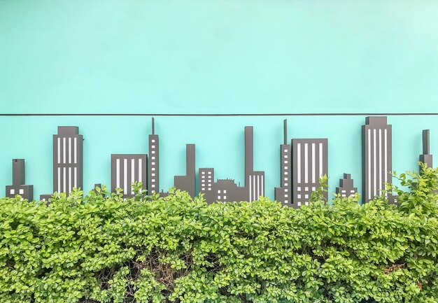 Foto panorama de la ciudad del edificio moderno enmarcado en pared verde con espacio en blanco bonito fondo