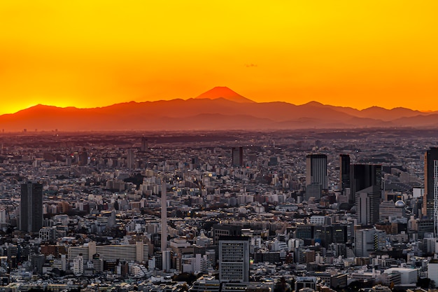 Panorama de la ciudad moderna con arquitectura de construcción bajo el cielo crepuscular de la cordillera del paisaje y el pico de la montaña Fuji en la ciudad de Tokio, Japón.