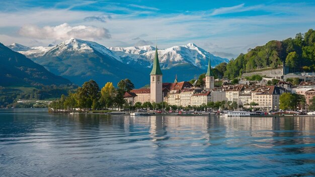 Panorama de la ciudad de Thun en el cantón de Berna con los Alpes y el lago Thunersee Suiza