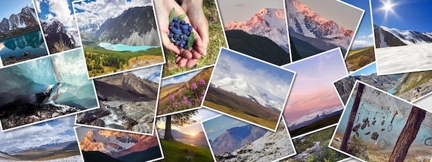 Panorama-Collage von Fotos einer Reise in den Altai von Russland Schöne Landschaft von Wäldern und Bergen Sibiriens Erstaunliche Natur von Russland Altai Krai