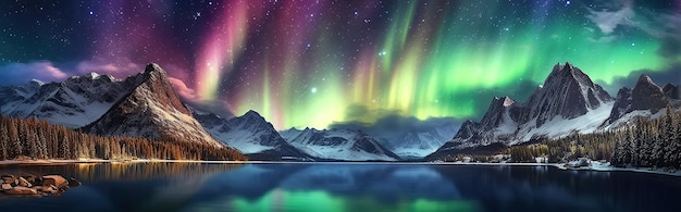 Panorama com aurora boreal no céu estrelado noturno contra o fundo de montanhas e lagos Ilustração generativa de IA