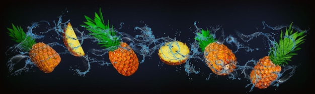 Panorama com frutas em abacaxis suculentos de água aumenta a imunidade humana