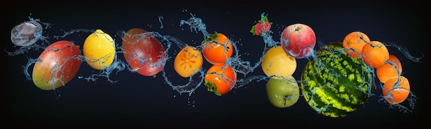 Panorama com frutas em água suculenta ameixa manga limão caqui melancia laranja um tesouro de vitaminas e minerais para a saúde humana
