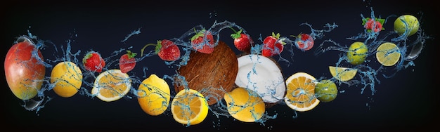 Panorama com frutas em água suculenta manga limão morango coco limão framboesa doce delícia para as pessoas