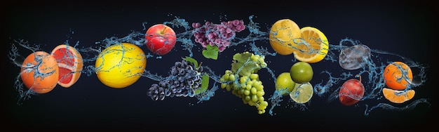 Panorama com frutas em água suculenta toranja melão maçã uva limão limão ameixa tangerina aumentar a imunidade humana