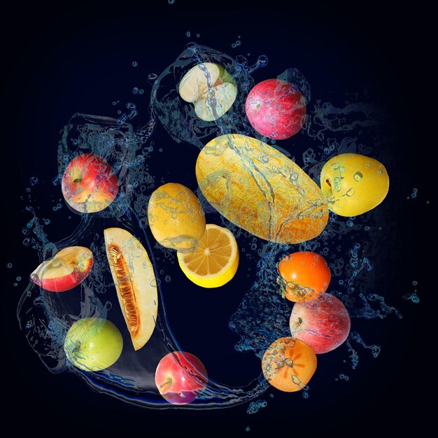 Panorama com frutas em salpicos de água suculenta maçã melão caqui limão estão cheios de vitaminas e são muito benéficos para a nossa saúde