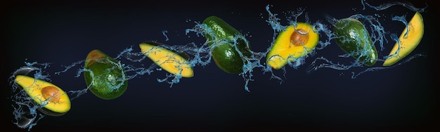 Panorama com frutas em vitaminas e minerais de abacates suculentos de água são um presente do sol