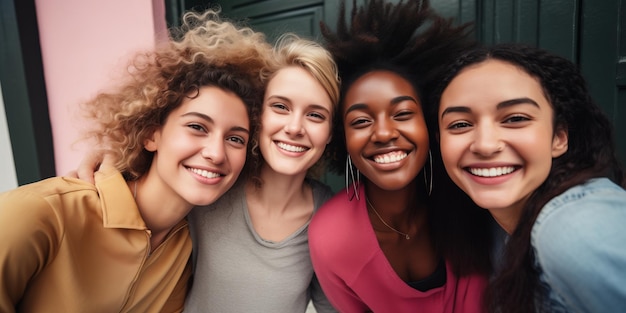 Panorama contemporâneo de Joy SoftToned capturando a amizade interracial entre adolescentes à moda