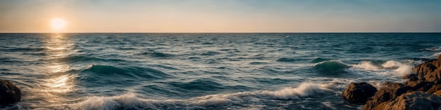 Panorama de la costa del océano con olas rompiendo en una costa rocosa y grandes piedras en primer plano en el agua Ilustración del paisaje marino IA generativa