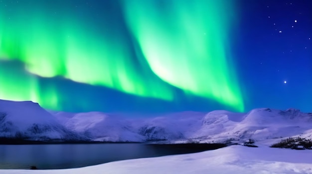 Panorama da aurora boreal sobre montanhas cobertas de neve