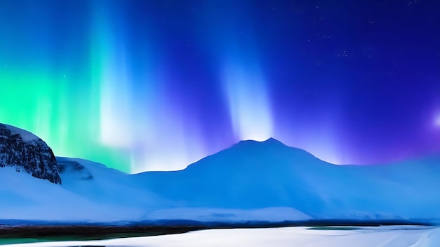 Panorama da aurora boreal sobre montanhas cobertas de neve