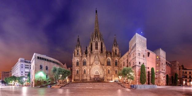 Panorama da Catedral da Santa Cruz e Santa Eulália na noite enluarada Barri Bairro Gótico em Barcelona Catalunha Espanha