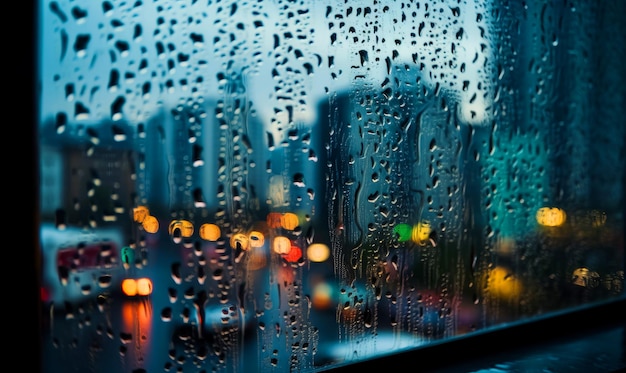 Foto panorama da cidade em desfoque pela janela molhada tempo chuvoso à noite luzes da cidade desfocadas no pano de fundo ia generativa