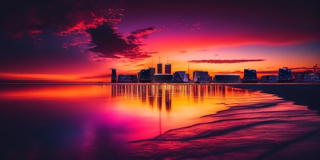 panorama da cidade na noite rosa laranja pôr do sol no mar grande tolo lua casas medievais e modernas