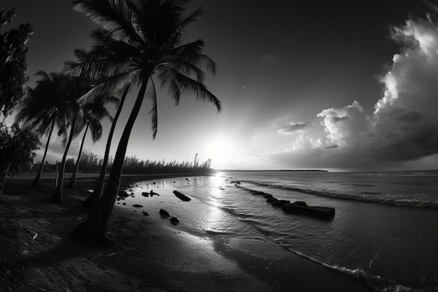 panorama da costa do pôr do sol de coqueiros em preto e branco