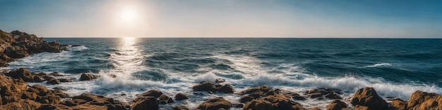 Foto panorama da costa oceânica com ondas quebrando em uma costa rochosa e pedras grandes em primeiro plano na água ilustração de paisagem marinha generative ai