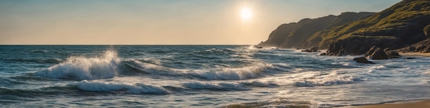 Panorama da costa oceânica com ondas quebrando em uma costa rochosa e pedras grandes na água Ilustração de paisagem marinha IA generativa