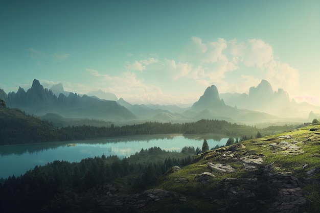 Panorama da esplêndida paisagem natural de campo verde e colinas com um rio