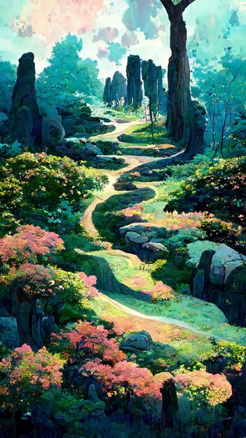 Panorama da floresta ao entardecer ilustração 3D da estrada de pedra