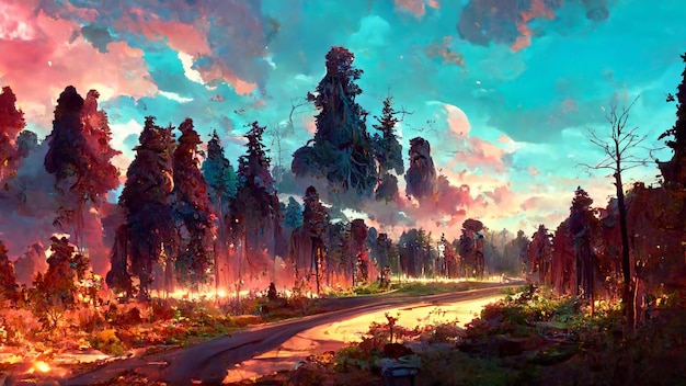 Panorama da floresta ao entardecer ilustração 3D da estrada de pedra