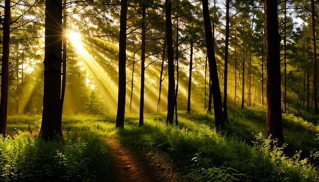 Panorama da floresta com raios de luz solar