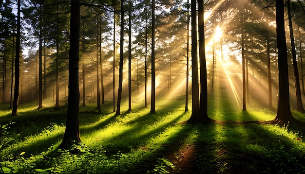 Panorama da floresta com raios de luz solar