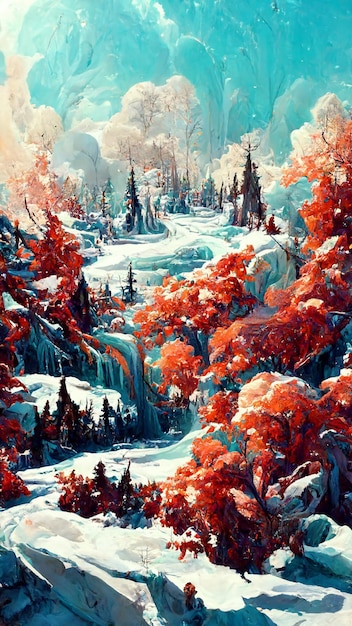 Panorama da floresta de inverno com ilustração 3D de cena de neve e gelo