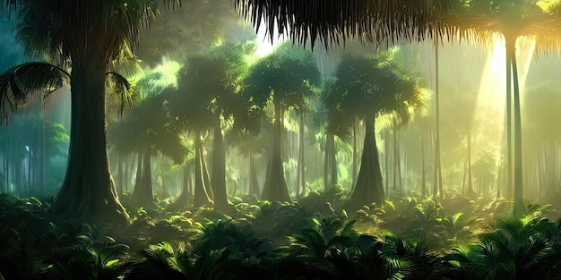 Panorama da floresta de palmeiras ao pôr do sol, os raios do sol através das árvores, floresta de fantasia, nevoeiro, selva de palmeiras, ilustração 3D