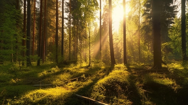 Panorama da floresta verde iluminado pela luz solar dourada Generative AI