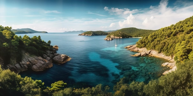 Foto panorama da ilha de mljets grande enseada com florestas verdes mar azul e céu branco