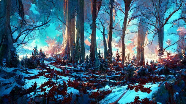 Panorama da ilustração 3D da cena da floresta de inverno