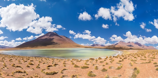 Panorama da lagoa canapá com os vulcões da bolívia, nuvens deslumbrantes e grama dos andes