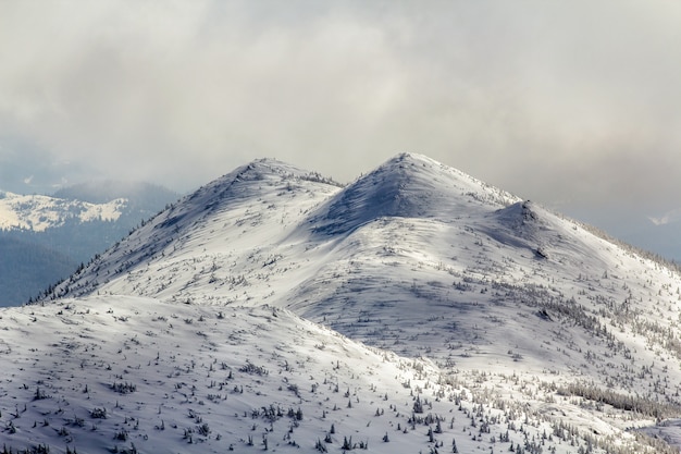 Foto panorama da paisagem de inverno. montanhas cobertas de neve após a queda de neve.