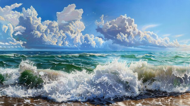 Foto panorama da paisagem marinha uma vista panorâmica captura a beleza do oceano, desde as ondas que batem até o distante horizonte que se estende até o infinito