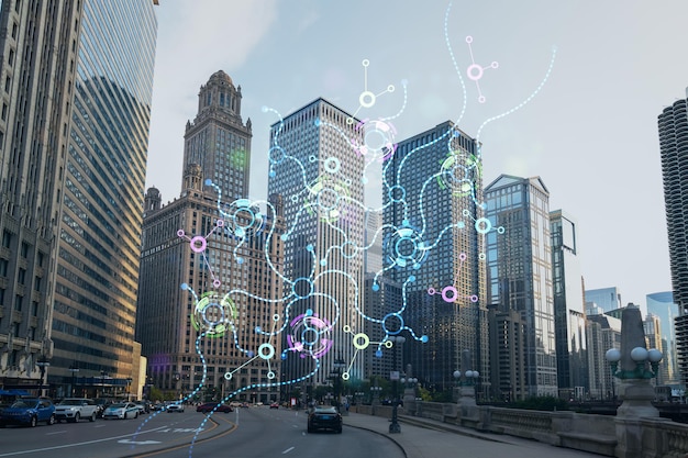 Panorama da paisagem urbana do centro de Chicago e calçadão de Riverwalk com pontes durante o dia Illinois EUA conceito de inteligência artificial AI e robótica de rede neural de aprendizado de máquina de negócios
