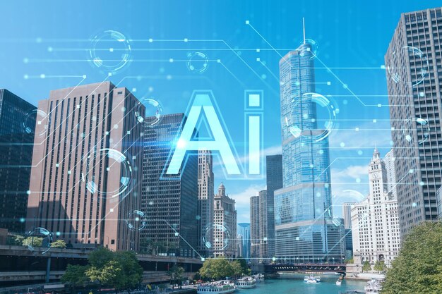 Panorama da paisagem urbana do centro de Chicago e calçadão de Riverwalk com pontes durante o dia Illinois EUA conceito de inteligência artificial AI e robótica de rede neural de aprendizado de máquina de negócios