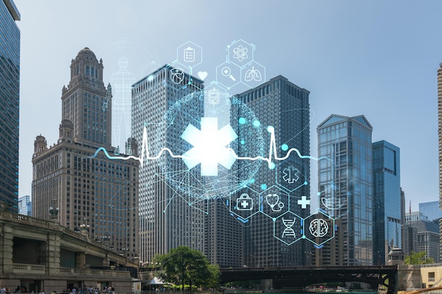 Panorama da paisagem urbana do centro de Chicago e calçadão de Riverwalk com pontes durante o dia Illinois EUA Holograma de medicina digital de cuidados de saúde O conceito de tratamento e prevenção de doenças
