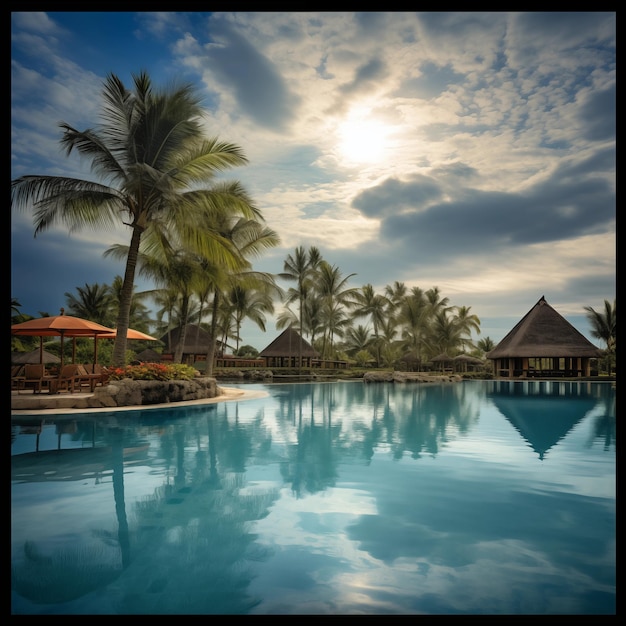 Panorama da piscina com palmeiras no resort generative ai